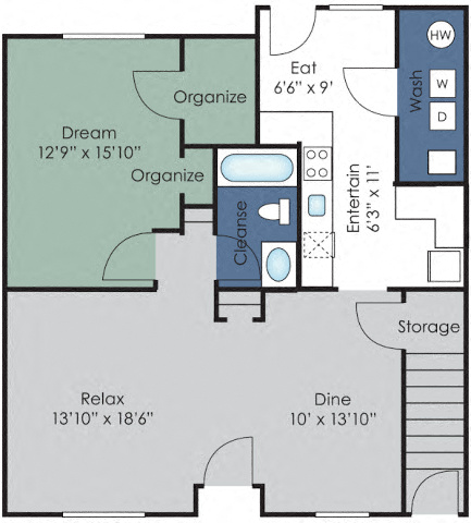 Floor plan for 1 bed, 1 bath, 1010 sqft